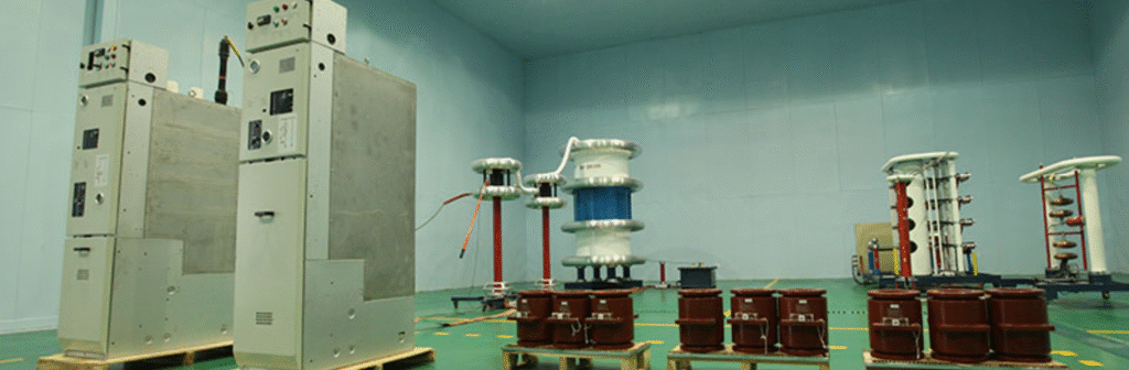 What are the testing devices in the power switchgear production line